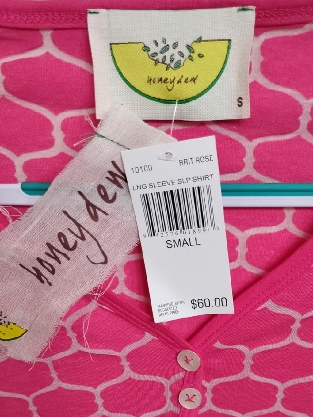 D- NWT Honeydew Intimates Hot Pink Geometric Henley Top - Picture 3 of 12